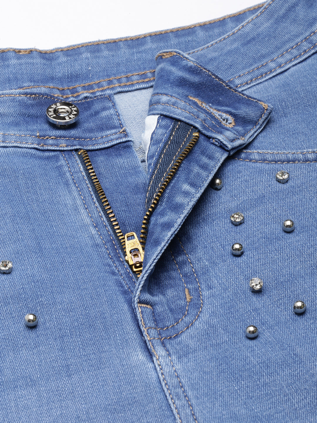 Women's Blue Skinny Fit Light Fade Embellished Jeans