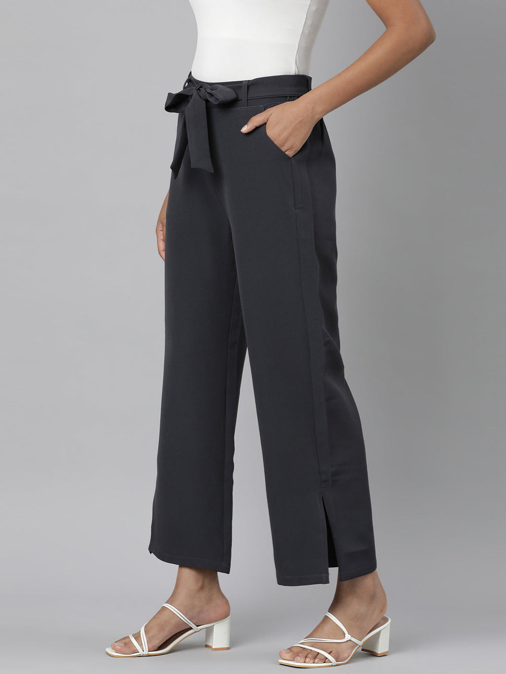 Women's Grey Relaxed Straight Fit Cotton Parallel Trousers