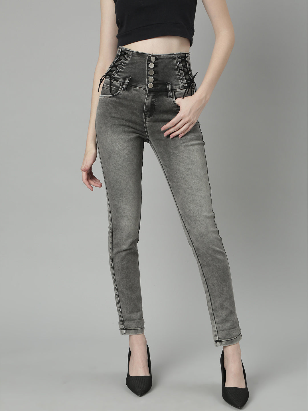 Women's Grey Jean Slim Fit Heavy Fade Mid-Rise Acid Wash Jeans
