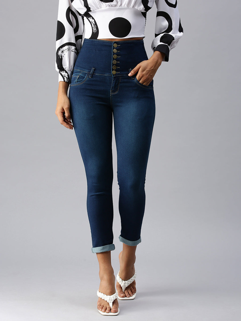 Women's Navy Blue Slim Fit High-Rise Light Fade Stretchable Denim Jeans