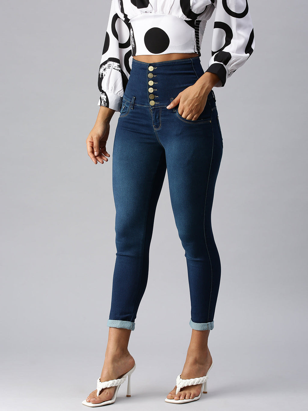 Women's Navy Blue Slim Fit High-Rise Light Fade Stretchable Denim Jeans