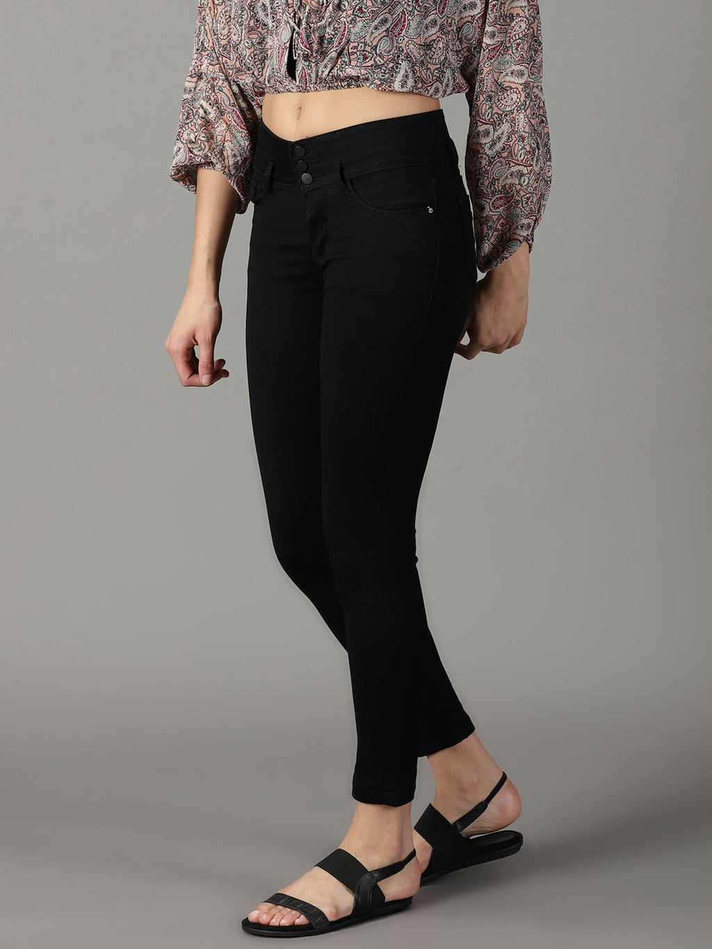 Women's Black Slim Fit High-Rise Acid Wash Stretchable Cotton Jeans