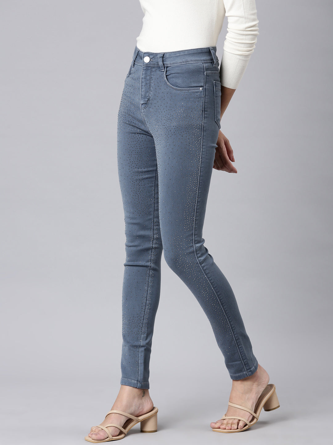 Women's Grey Skinny Fit Embellished Denim Jeans