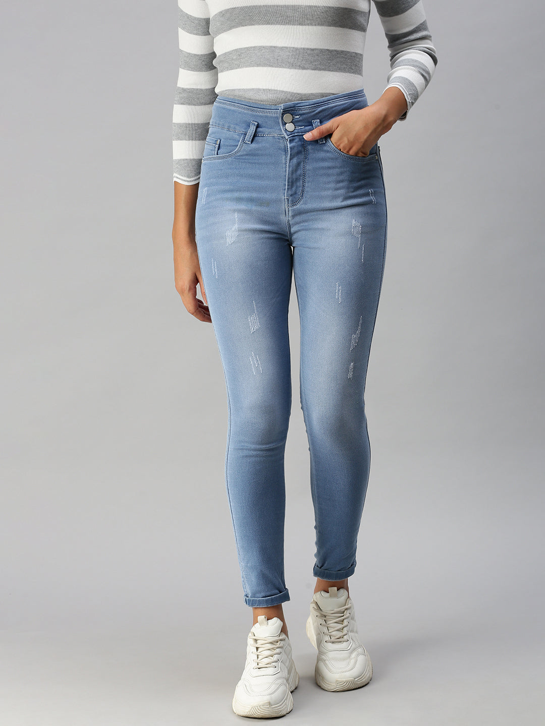 Women's Blue Slim Fit High-Rise Heavy Fade Stretchable Denim Jeans