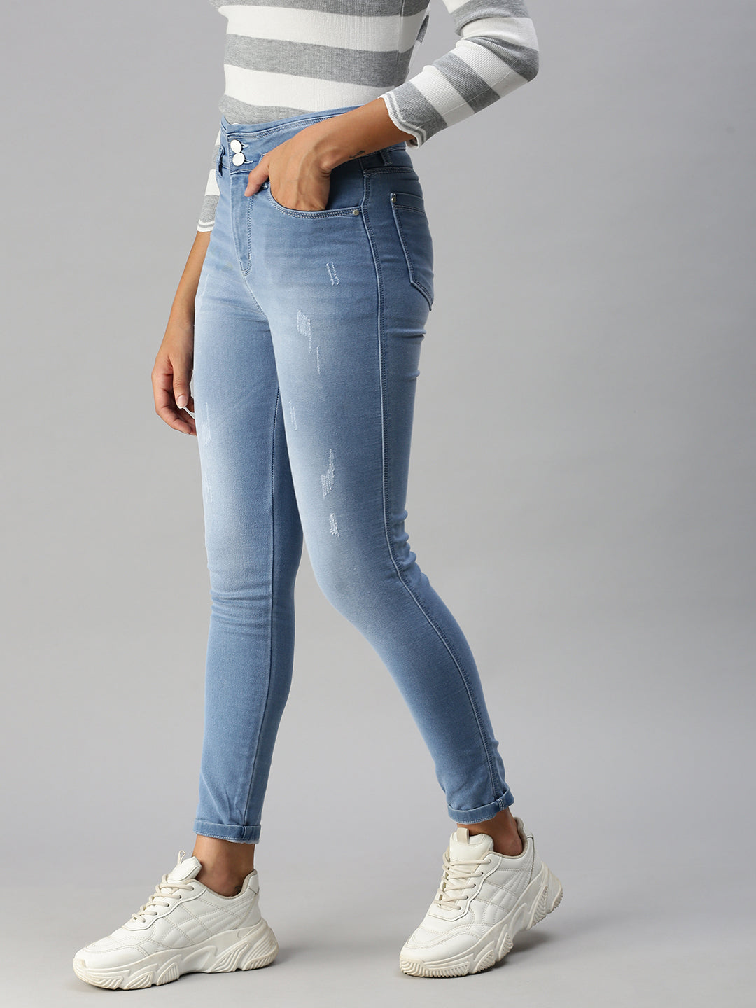 Women's Blue Slim Fit High-Rise Heavy Fade Stretchable Denim Jeans