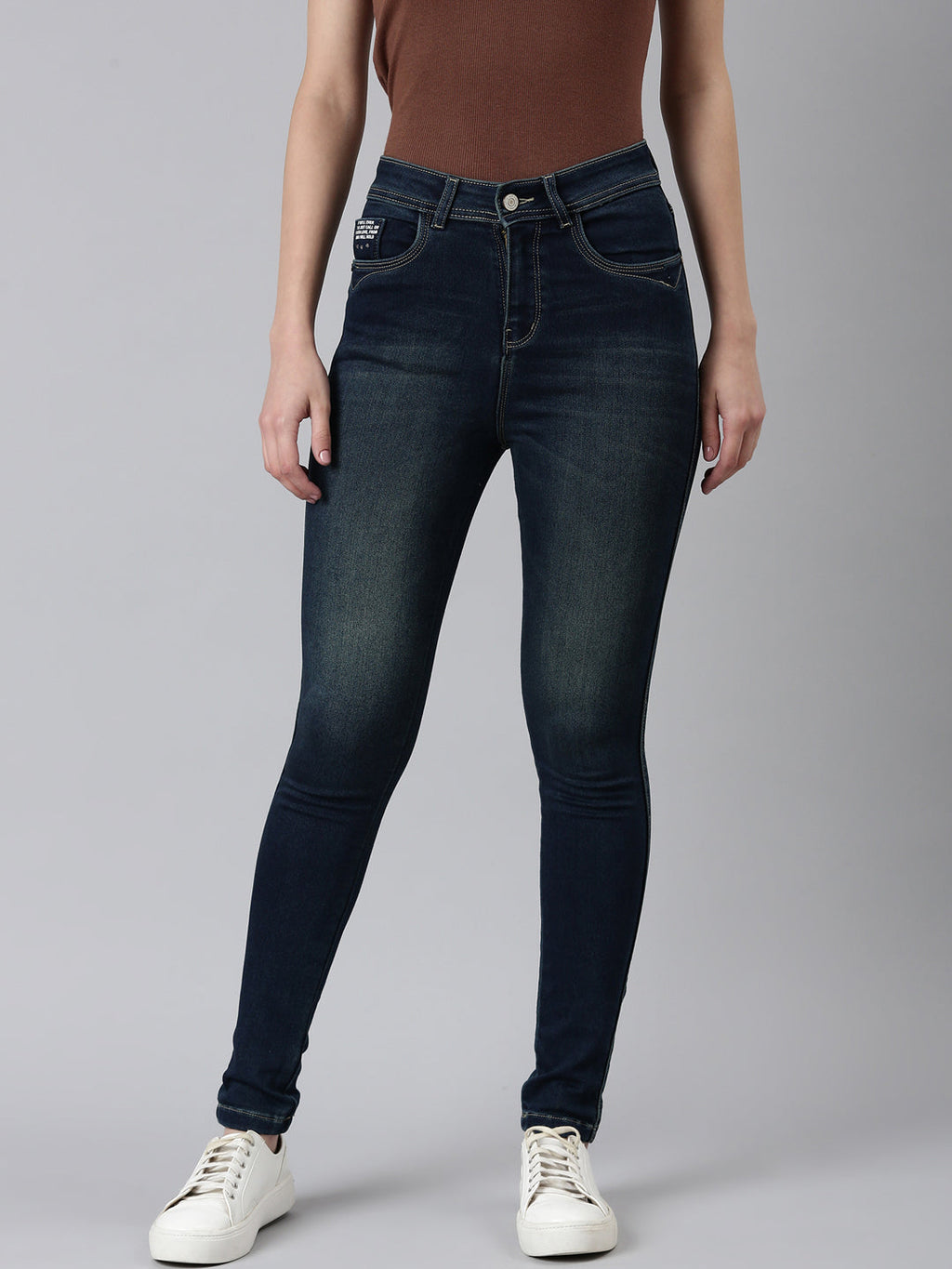 Women's Navy Blue Skinny Fit Light Fade Acid Wash Denim Jeans