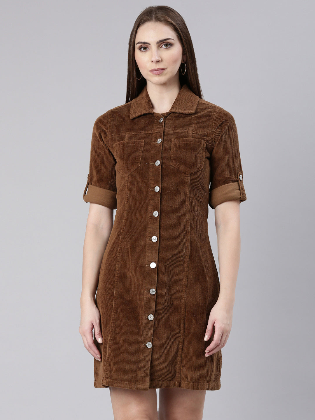 Women's Khaki Corduroy Cotton Shirt Dress