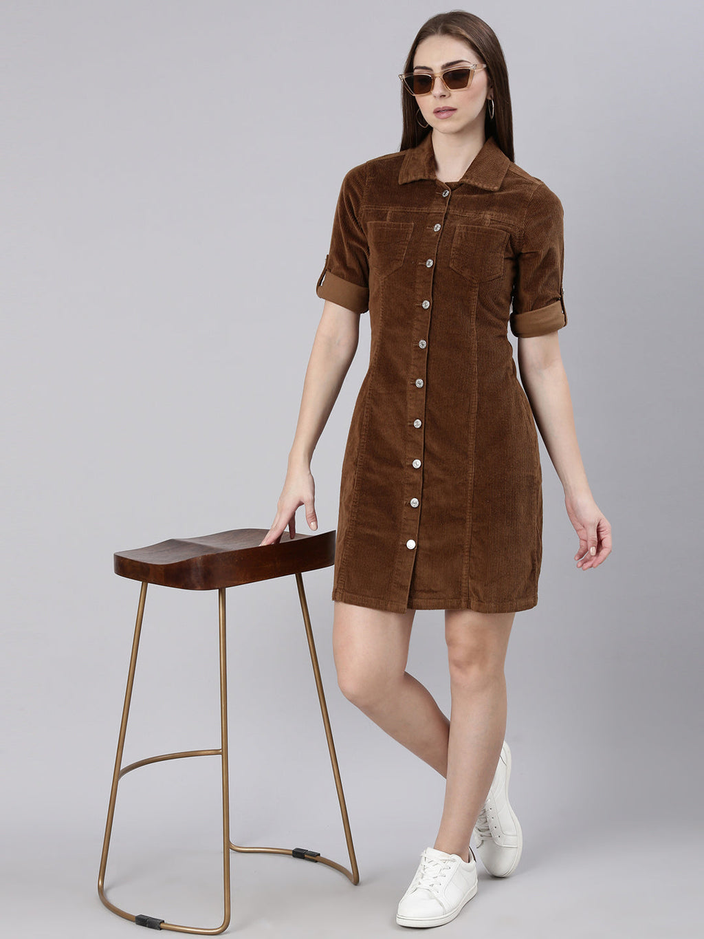 Women's Khaki Corduroy Cotton Shirt Dress