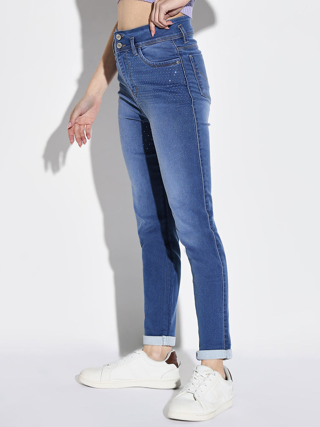 Women's Blue Comfort Slim Fit Light Fade Embellished Stretchable Jeans