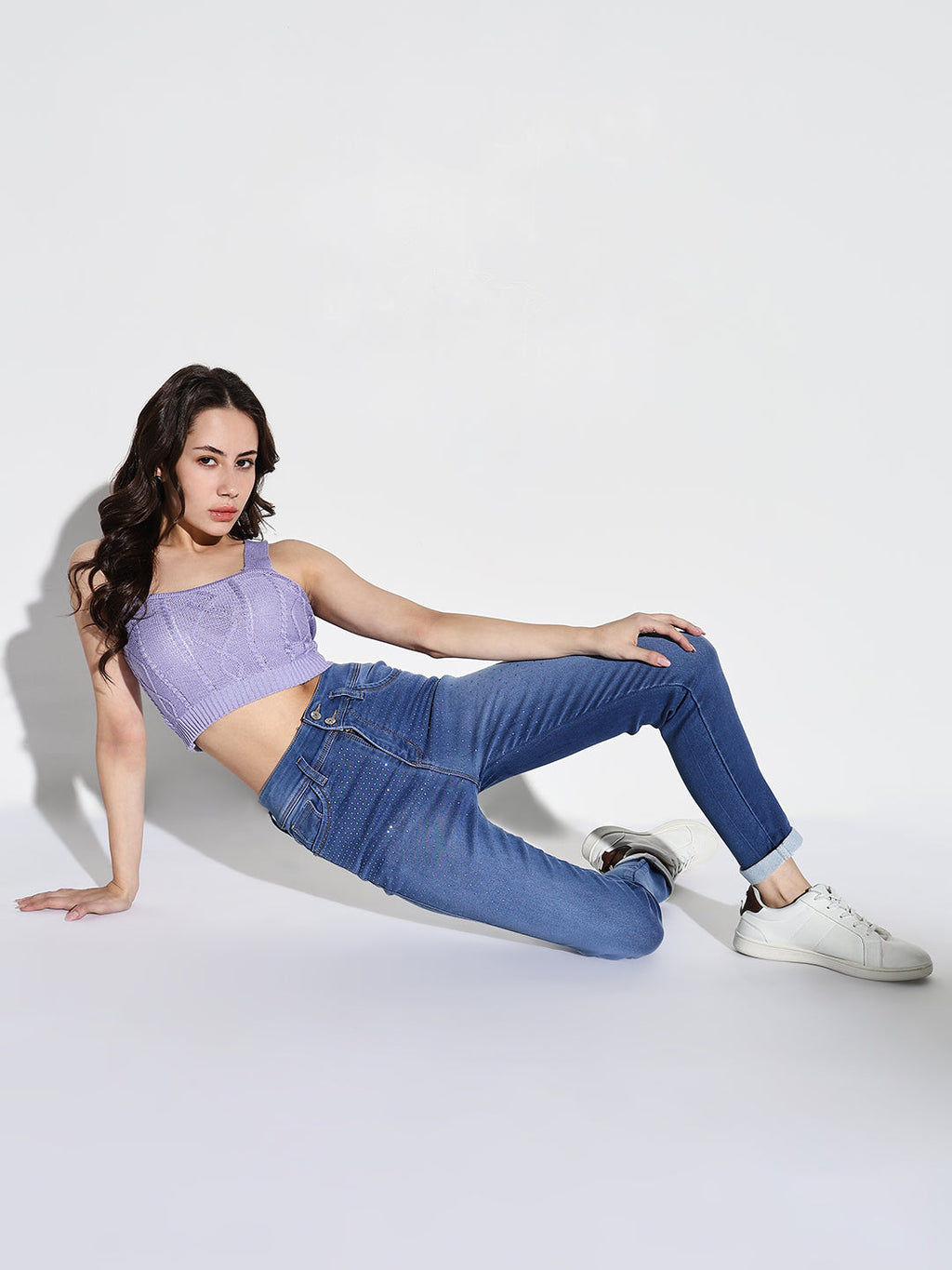 Women's Blue Comfort Slim Fit Light Fade Embellished Stretchable Jeans