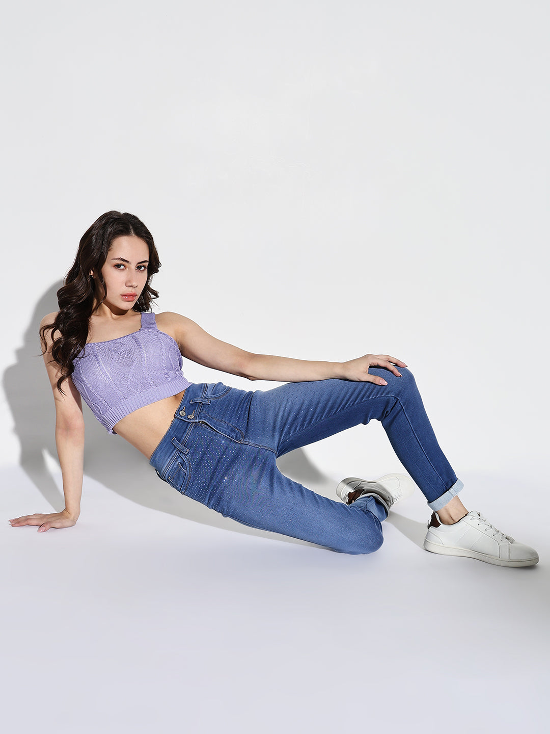 Women's Blue Comfort Slim Fit Light Fade Embellished Stretchable Jeans