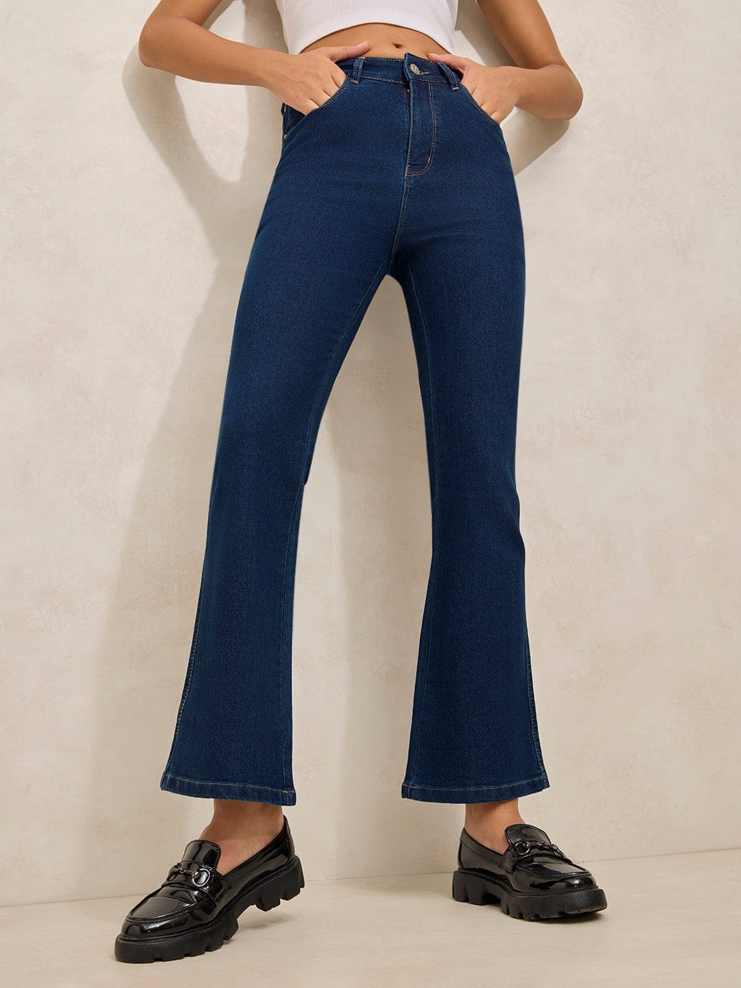 Women's Navy Blue Denim Mini Flare Jeans