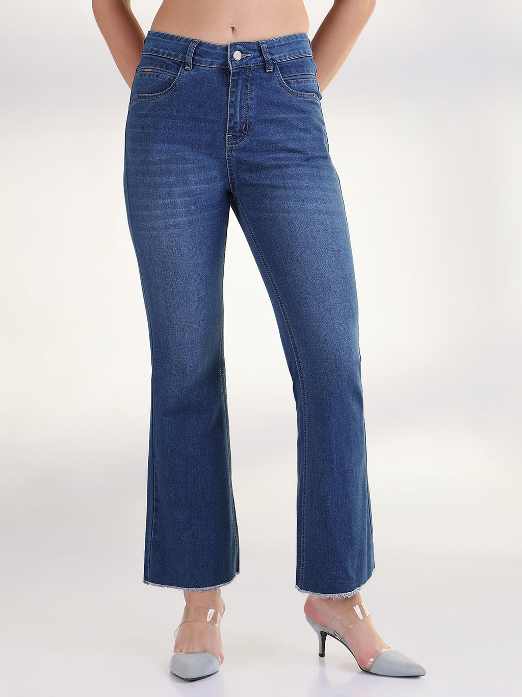 Women's Solid Blue Raw Hem Bootcut Jean