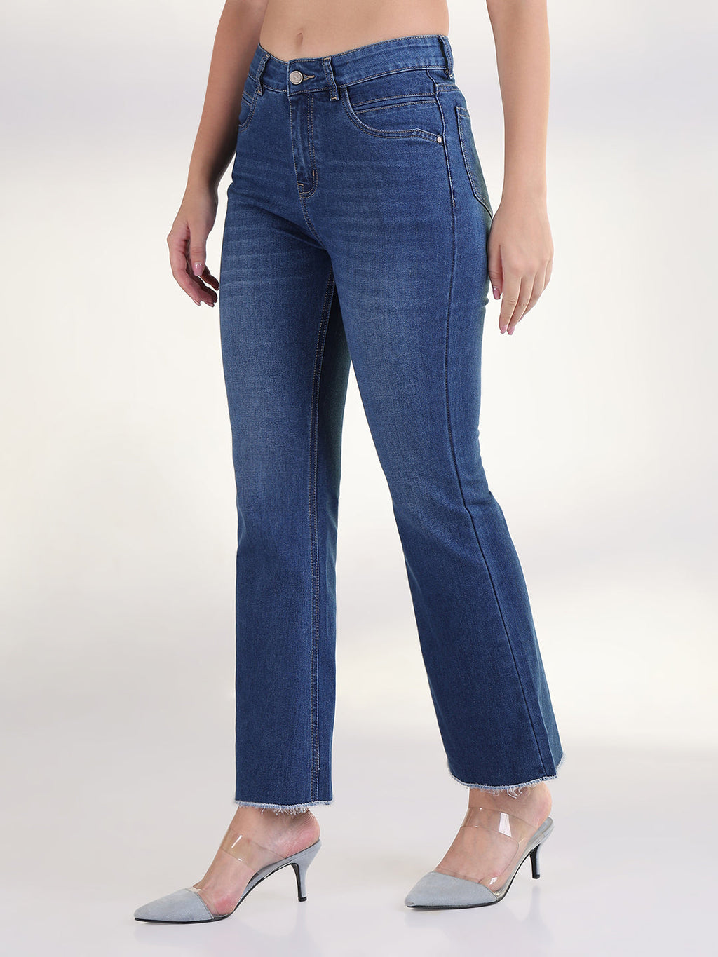 Women's Solid Blue Raw Hem Bootcut Jean