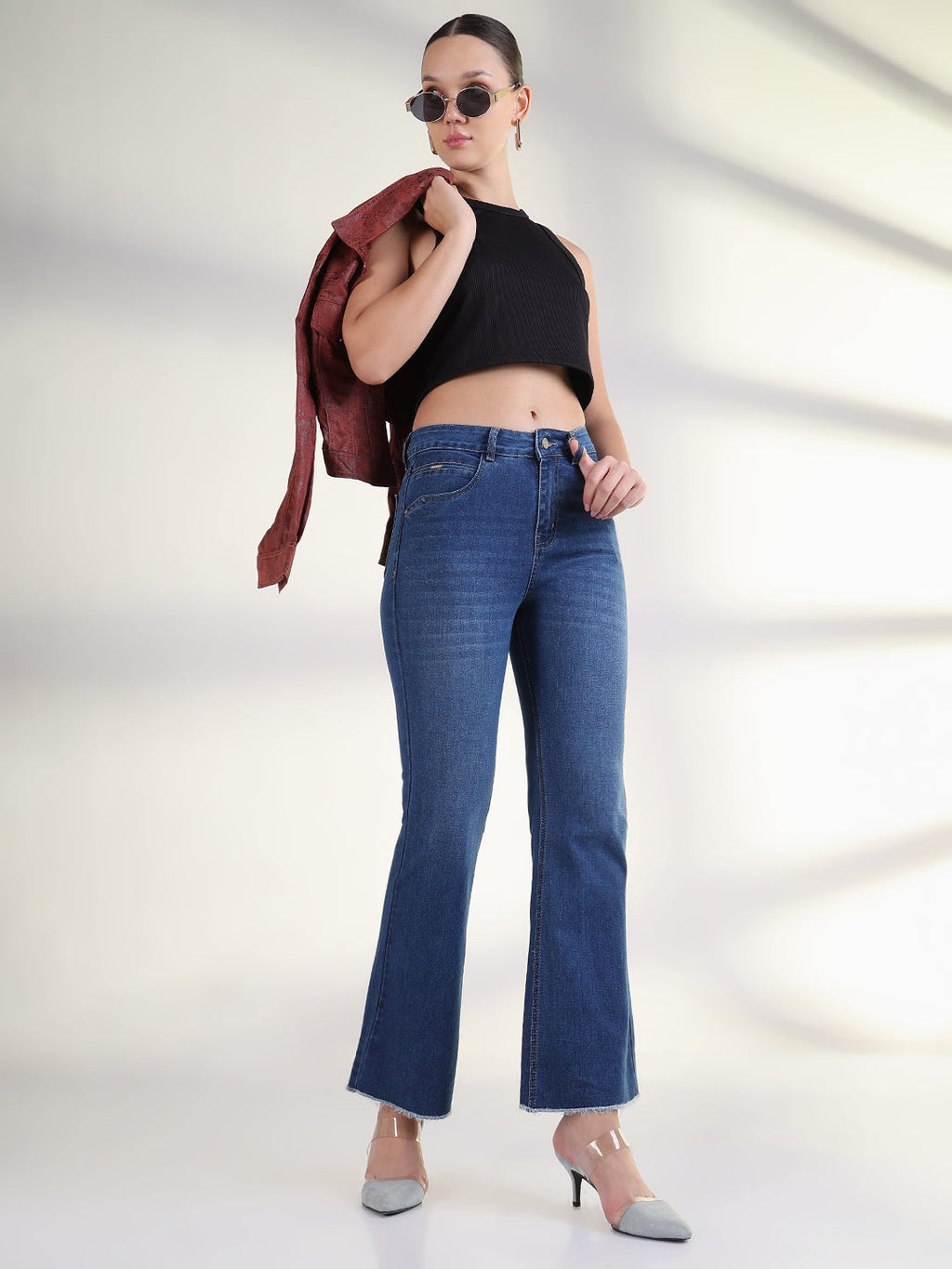 Women's Solid Blue Raw Hem Bootcut Jean