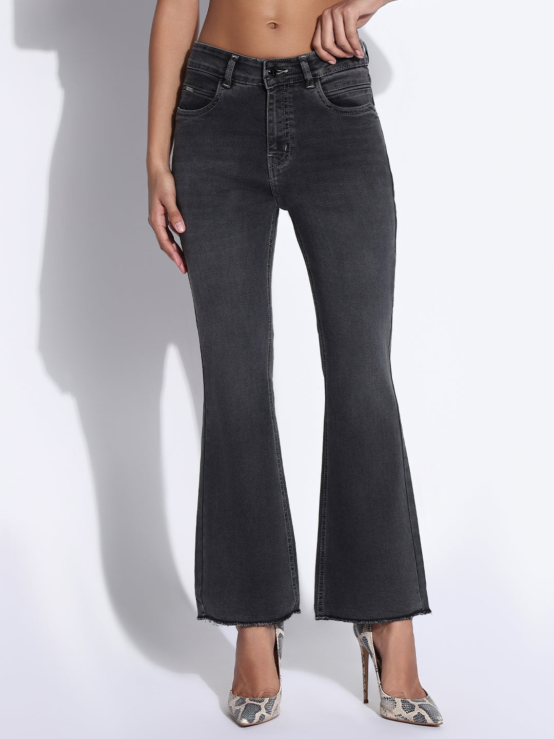 Women's Solid Charcoal Bootcut Jeans