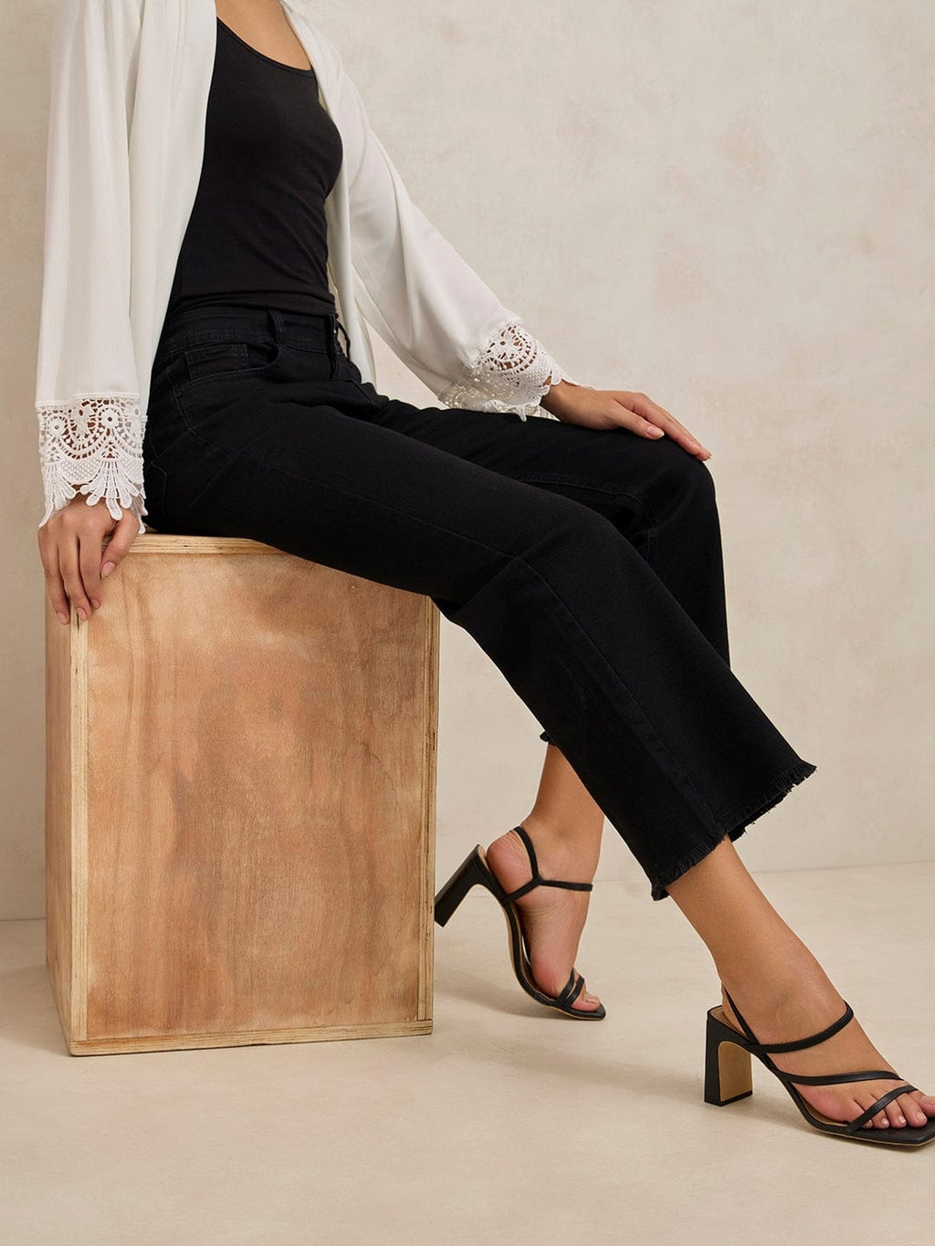 Women's Black Denim Mini Flare Jeans with Frayed Hem