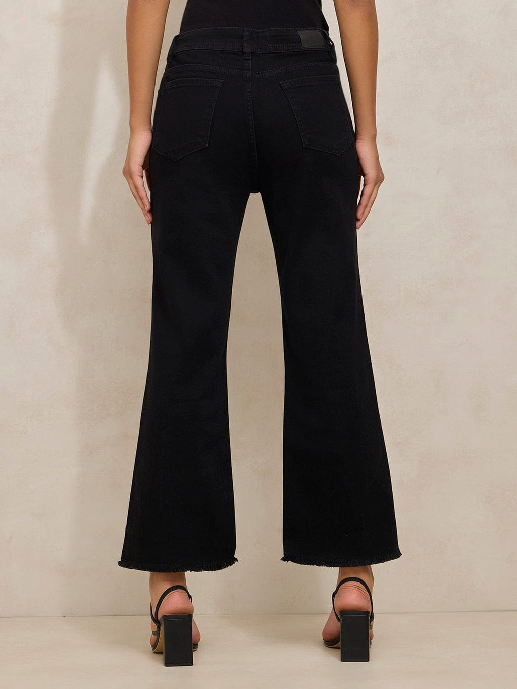 Women's Black Denim Mini Flare Jeans with Frayed Hem