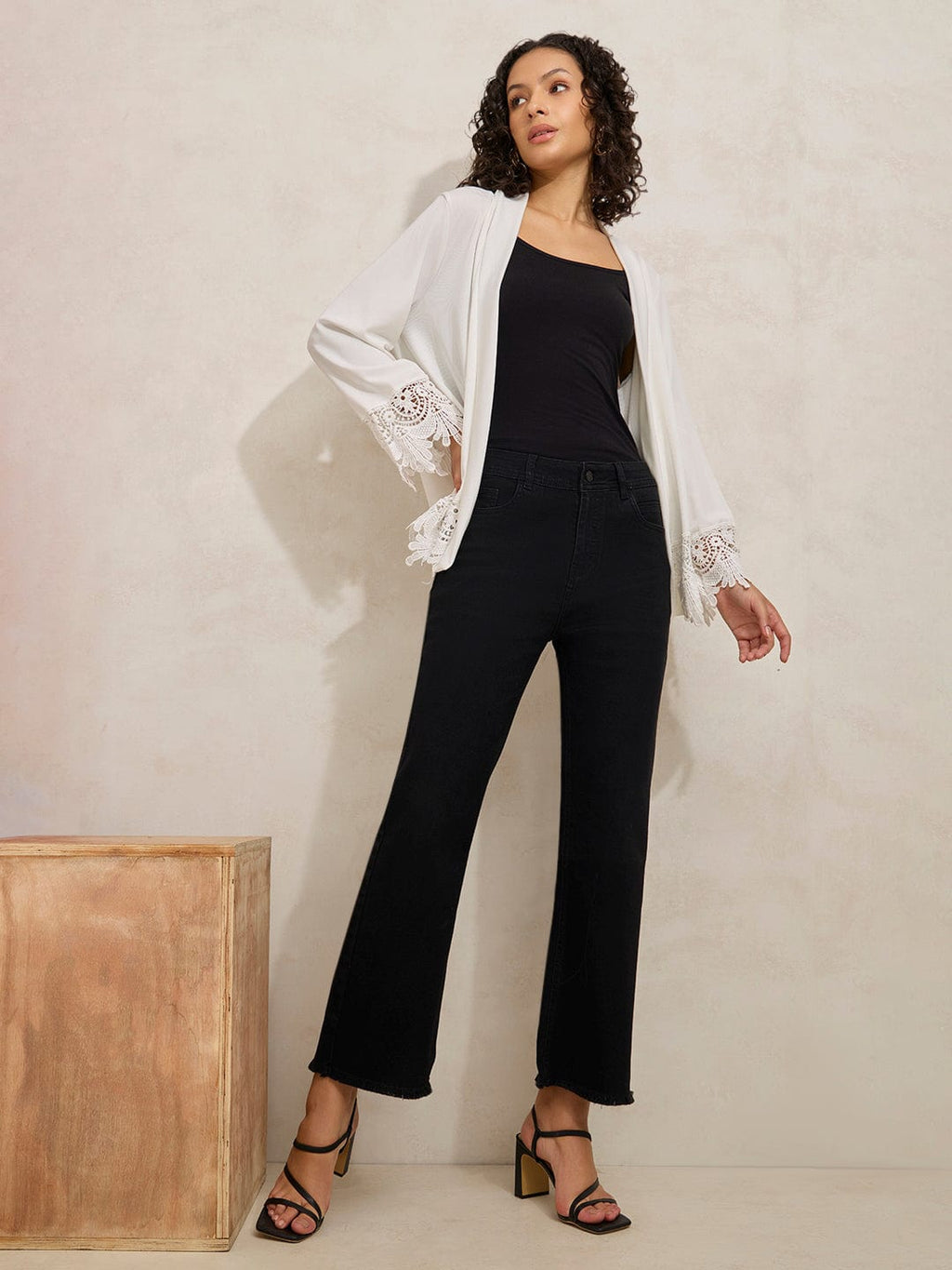 Women's Black Denim Mini Flare Jeans with Frayed Hem