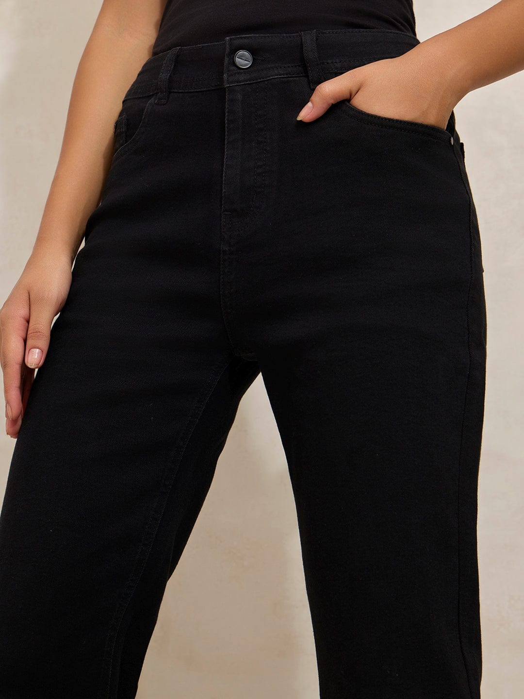 Women's Black Denim Mini Flare Jeans with Frayed Hem