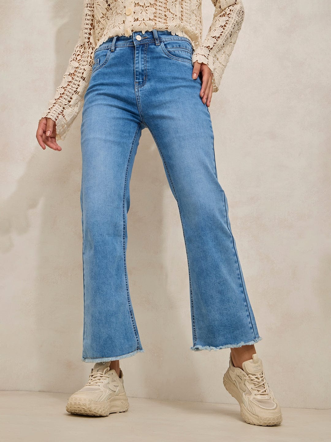 Women's Blue Denim Mini Flare Jeans with Frayed Hem