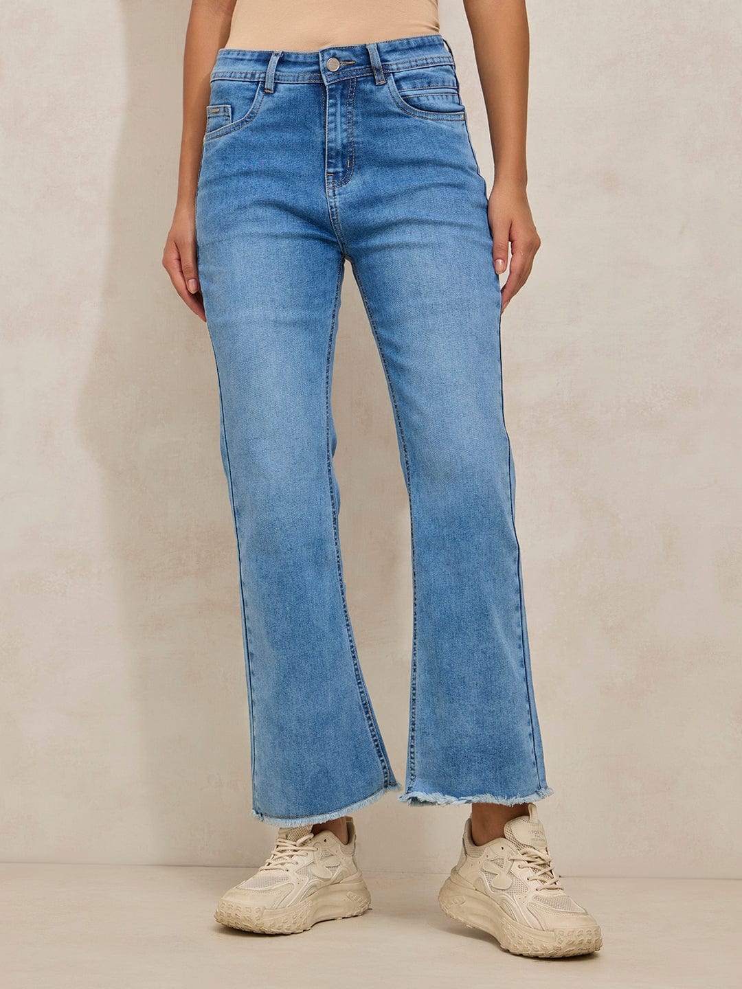 Women's Blue Denim Mini Flare Jeans with Frayed Hem