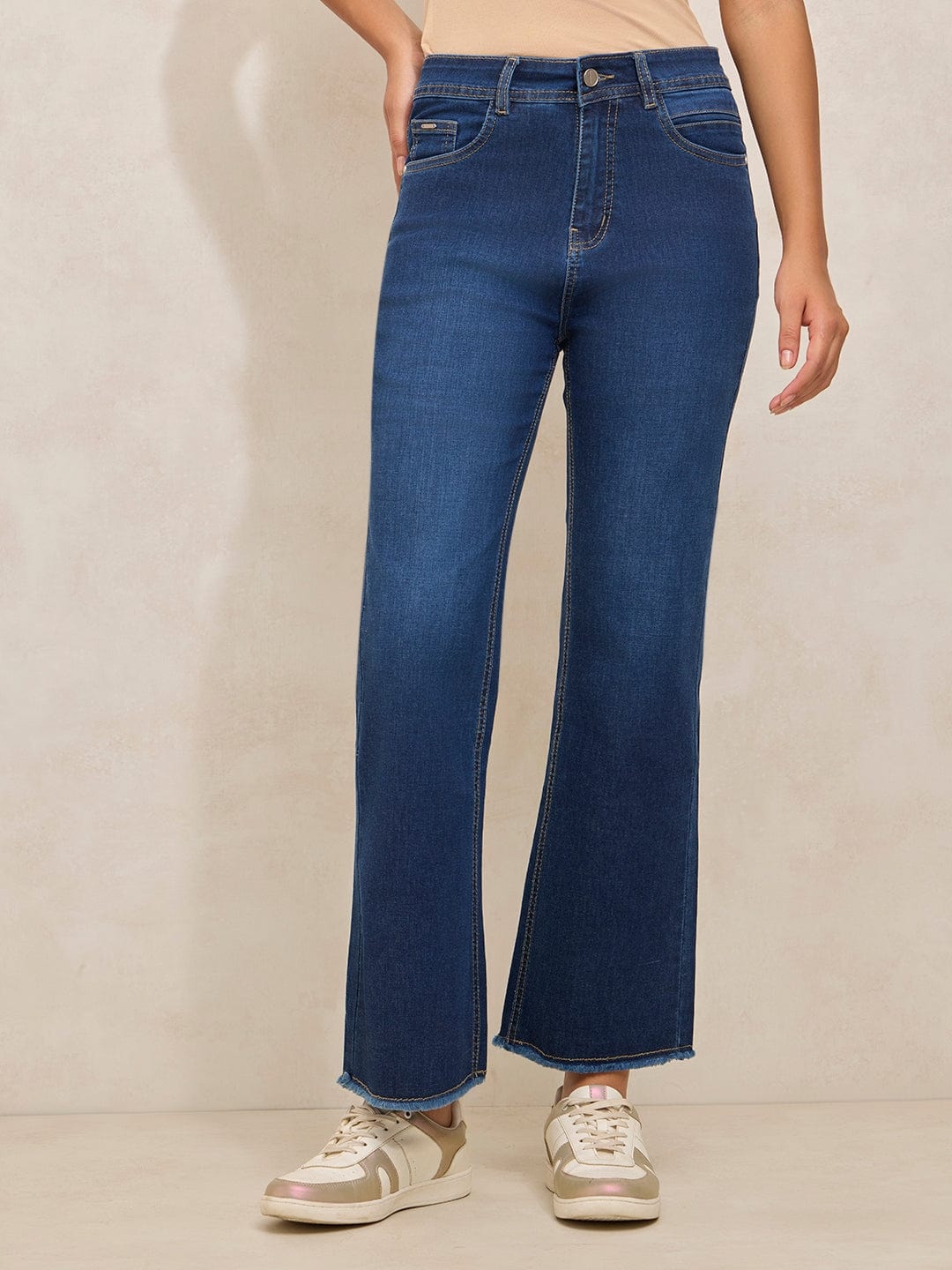 Women's Navy Blue Denim High Rise Mini Flare Jeans with Frayed Hem
