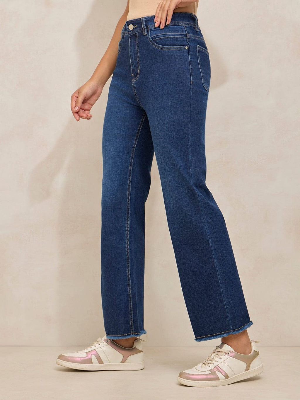 Women's Navy Blue Denim High Rise Mini Flare Jeans with Frayed Hem