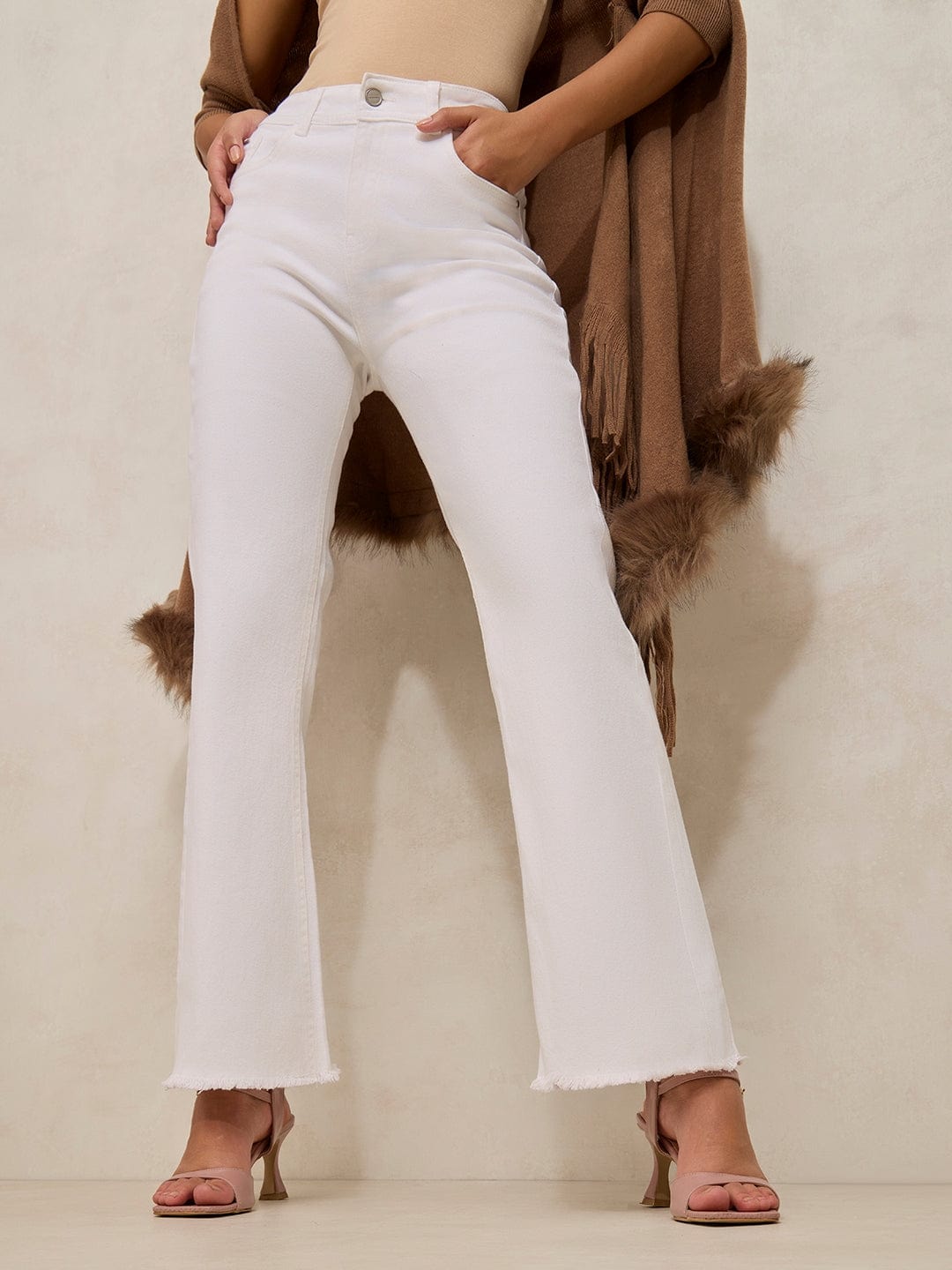Women's White Denim High Rise Mini Flare Jeans with Frayed Hem