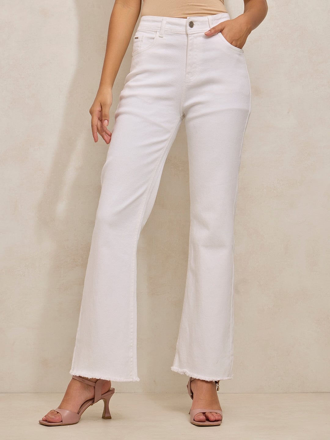 Women's White Denim High Rise Mini Flare Jeans with Frayed Hem