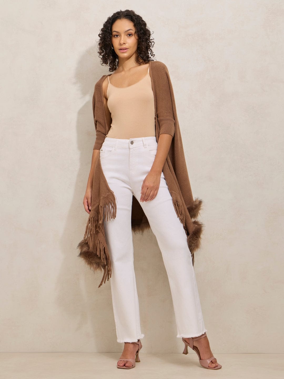 Women's White Denim High Rise Mini Flare Jeans with Frayed Hem