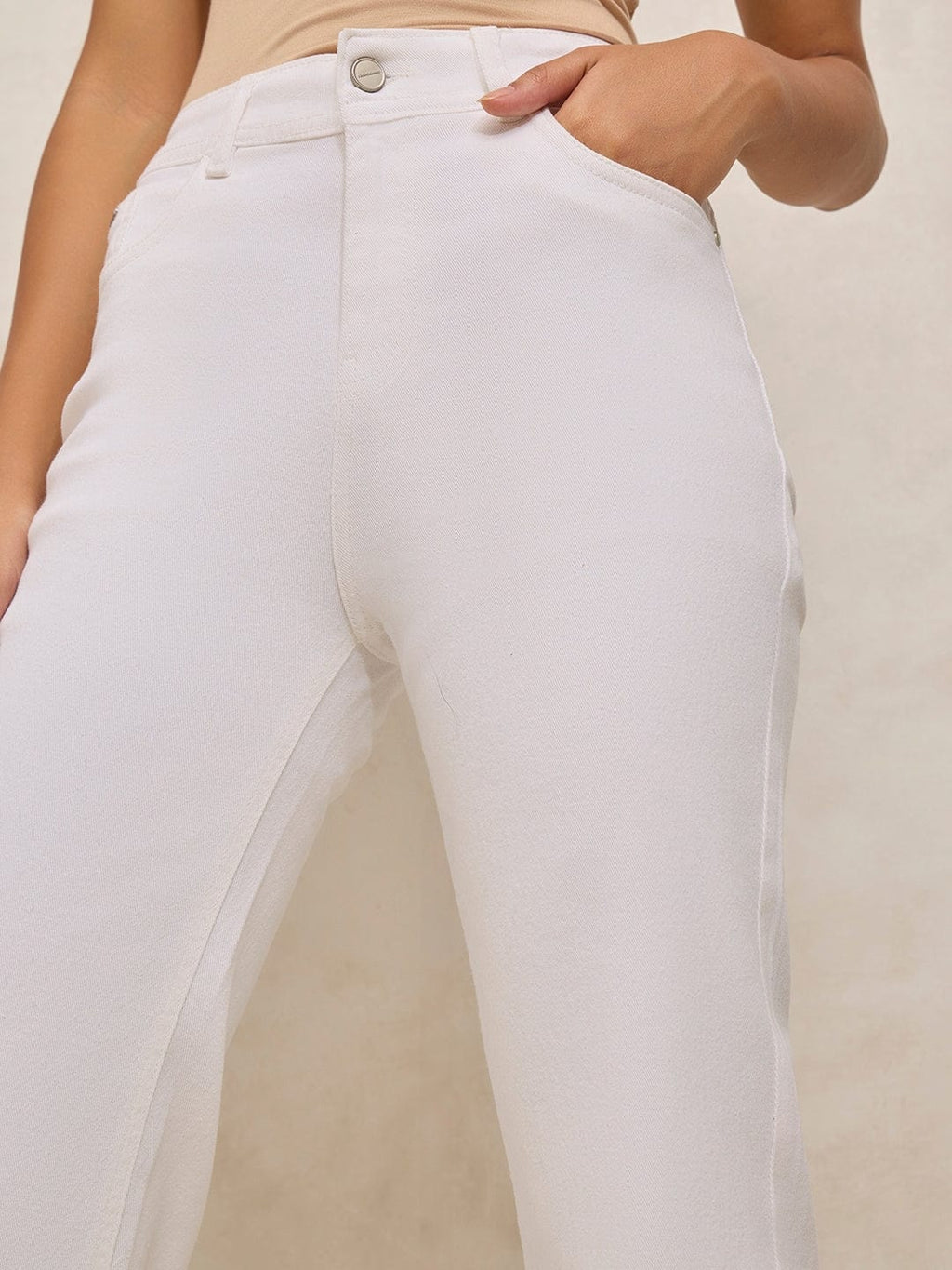 Women's White Denim High Rise Mini Flare Jeans with Frayed Hem