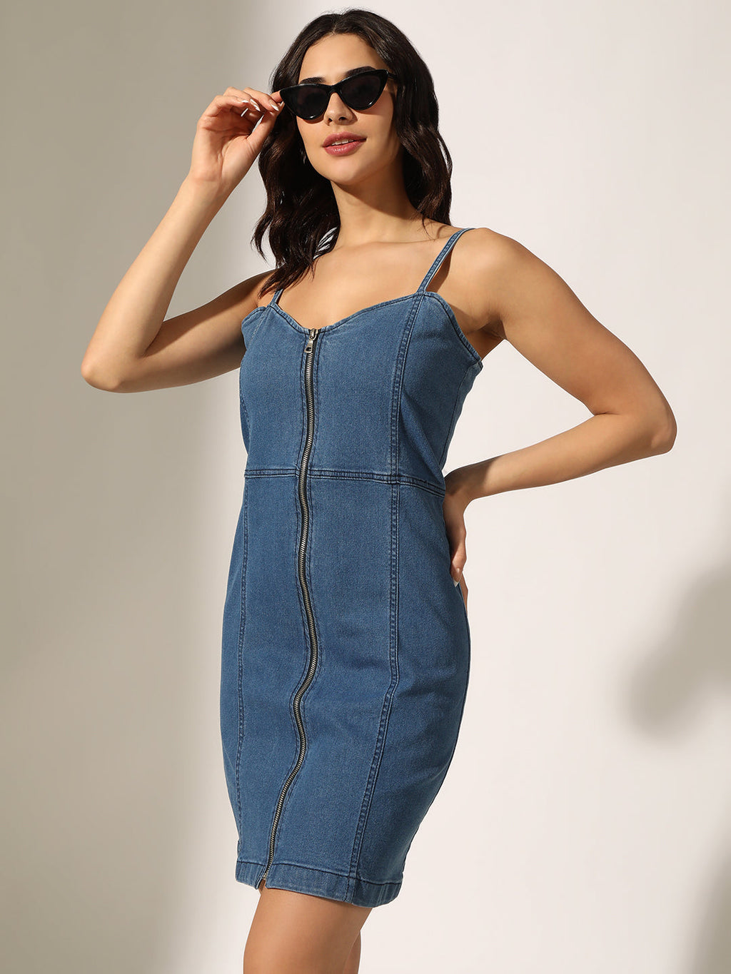 Women's Blue Denim Zip-Front Bodycon Mini Dress