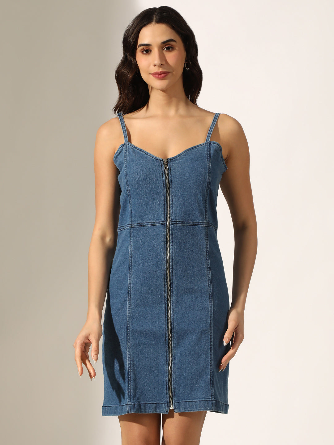 Women's Blue Denim Zip-Front Bodycon Mini Dress
