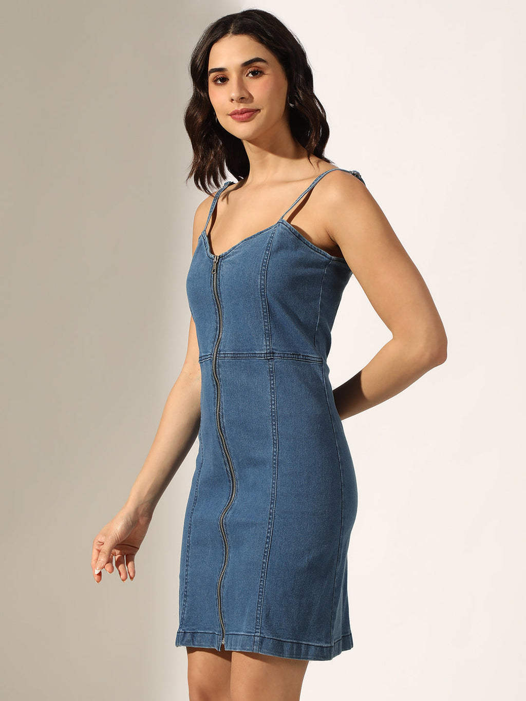 Women's Blue Denim Zip-Front Bodycon Mini Dress
