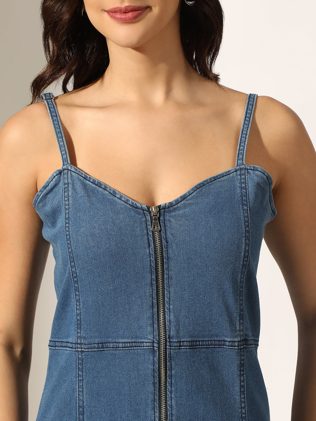 Women's Blue Denim Zip-Front Bodycon Mini Dress