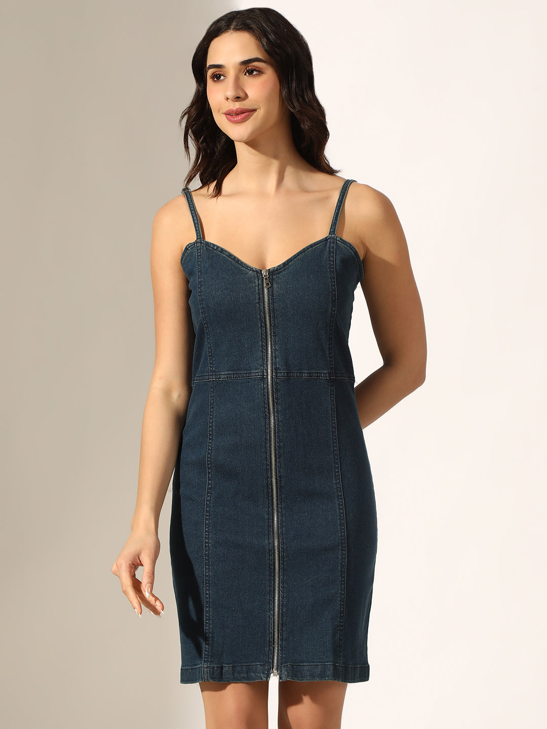 Women's Navy Blue Denim Zip-Front Bodycon Mini Dress
