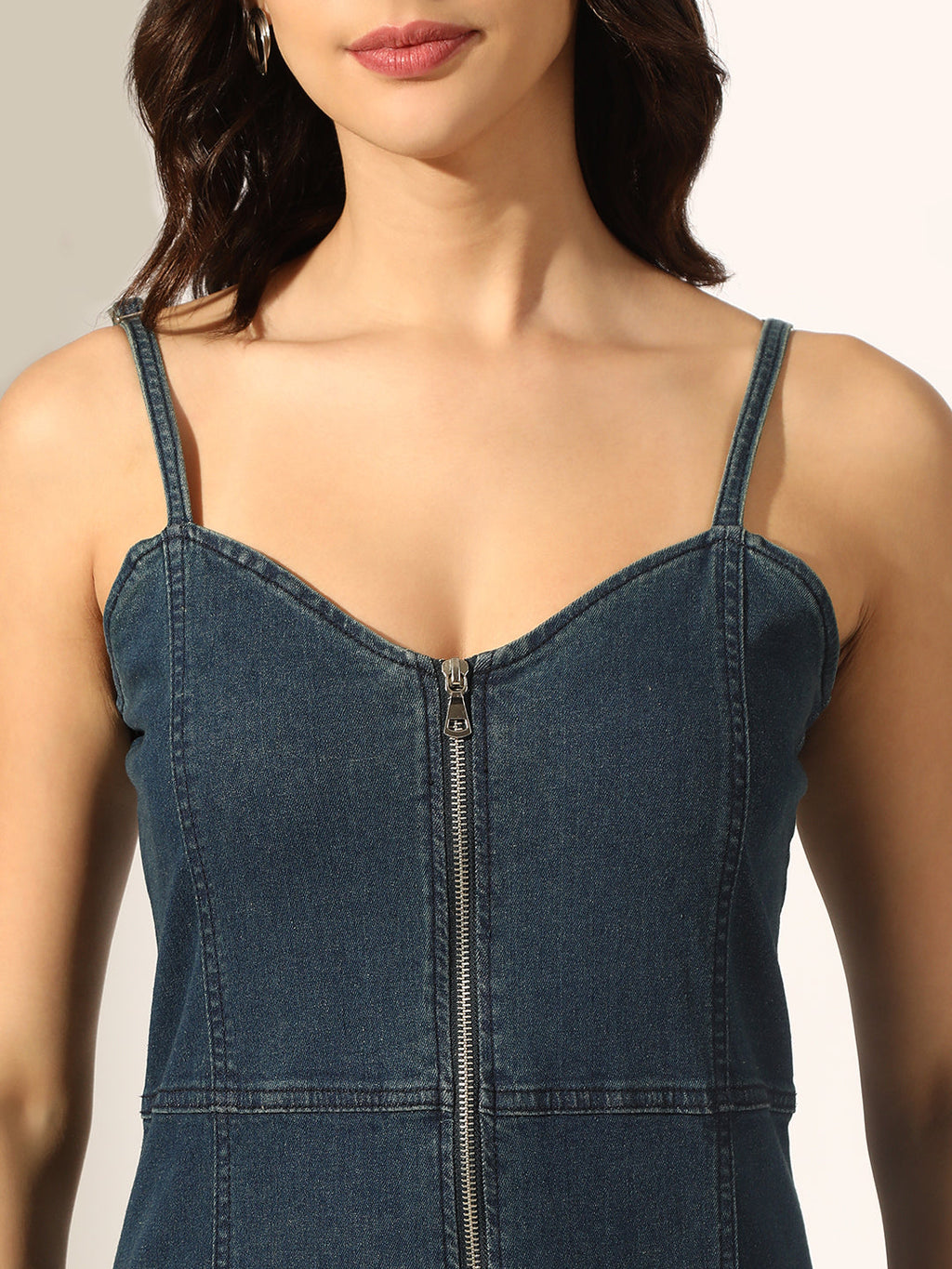 Women's Navy Blue Denim Zip-Front Bodycon Mini Dress