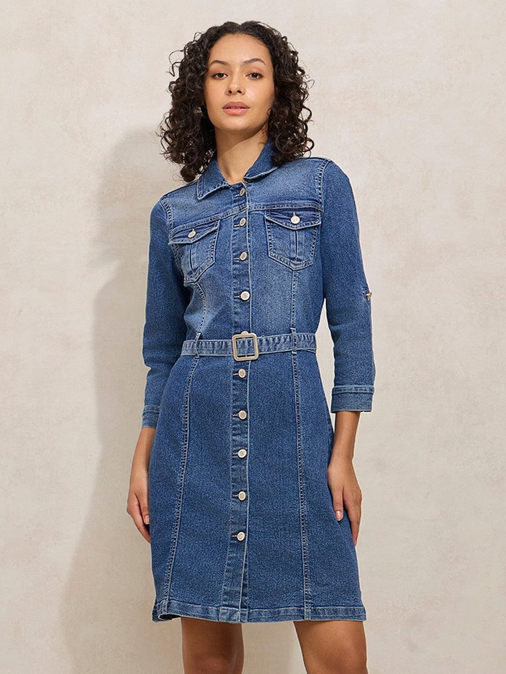 Women's Blue Denim Shirt Style Short Dress with Belt