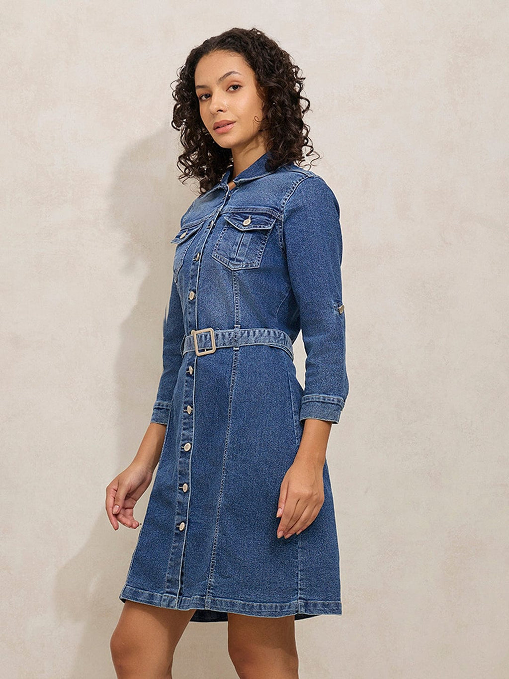 Women's Blue Denim Shirt Style Short Dress with Belt