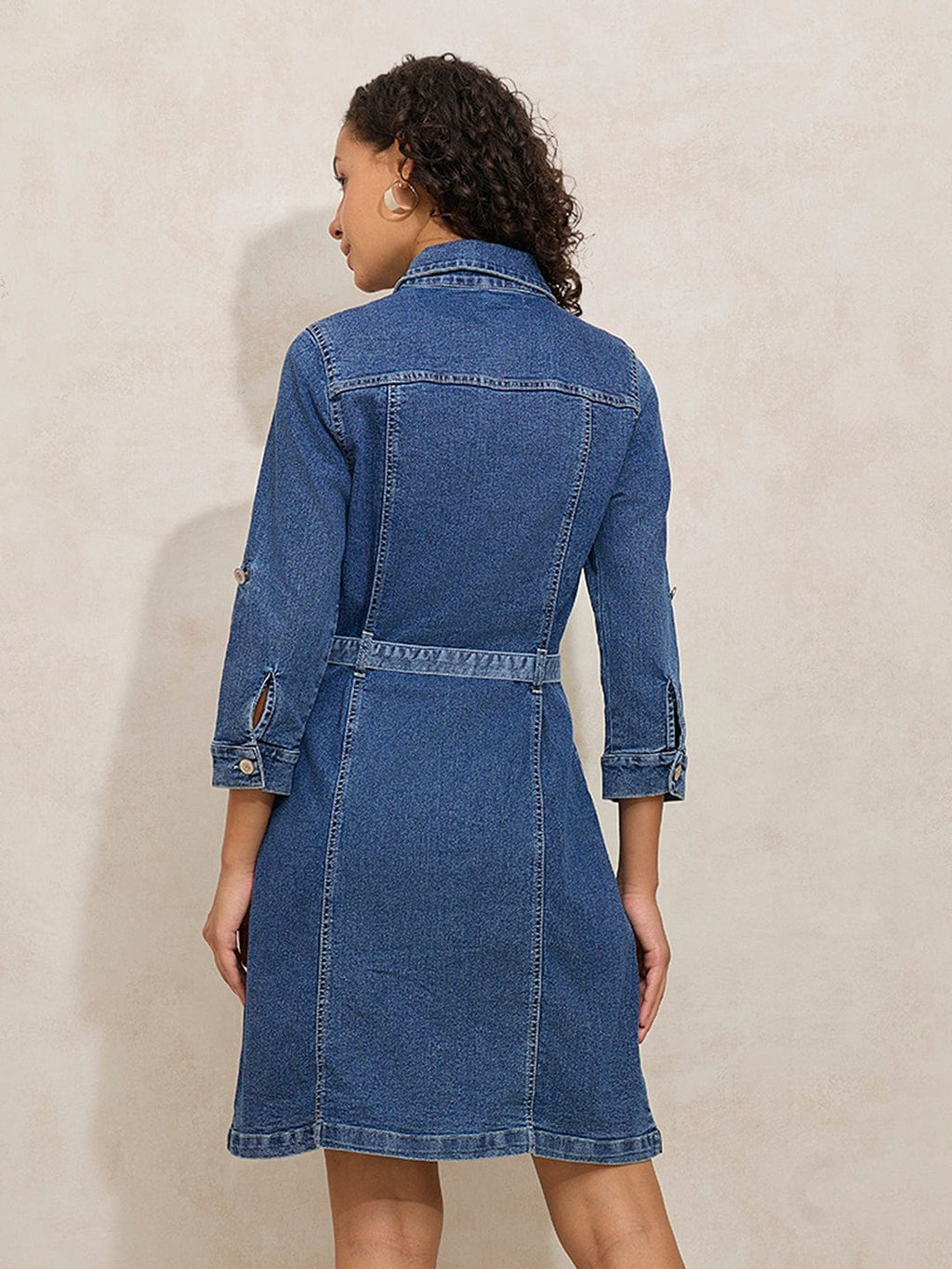 Women's Blue Denim Shirt Style Short Dress with Belt