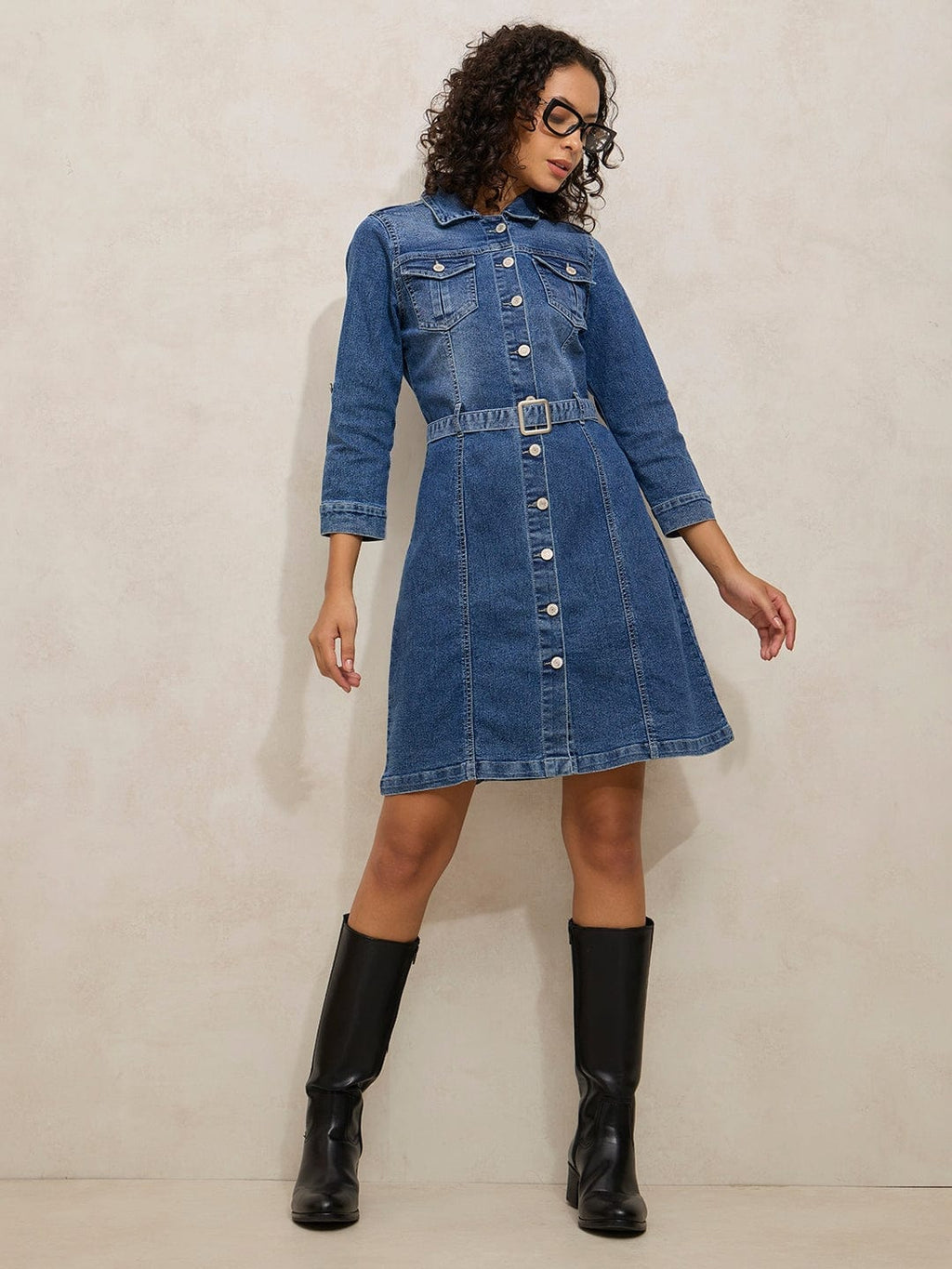 Women's Blue Denim Shirt Style Short Dress with Belt