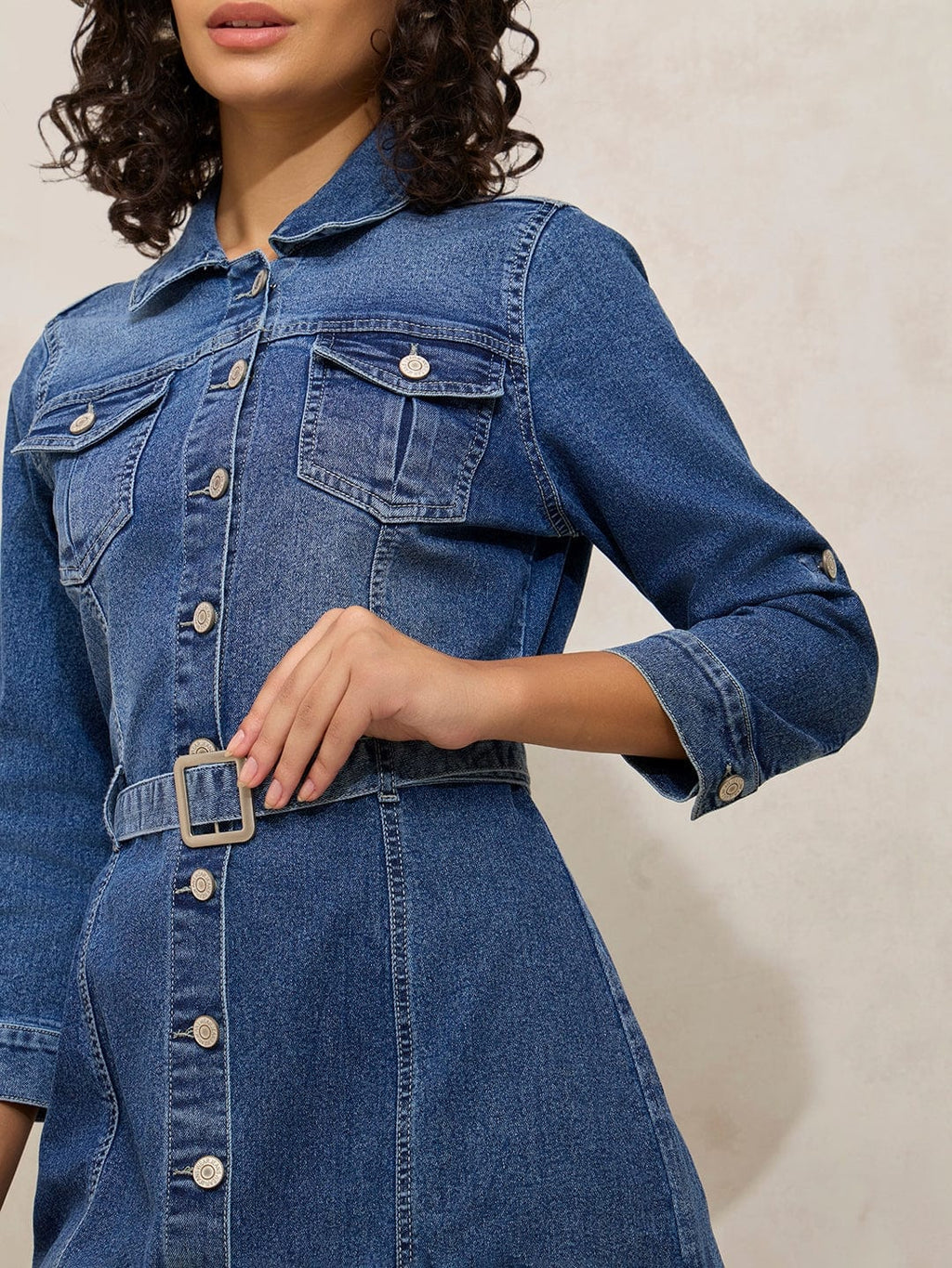 Women's Blue Denim Shirt Style Short Dress with Belt