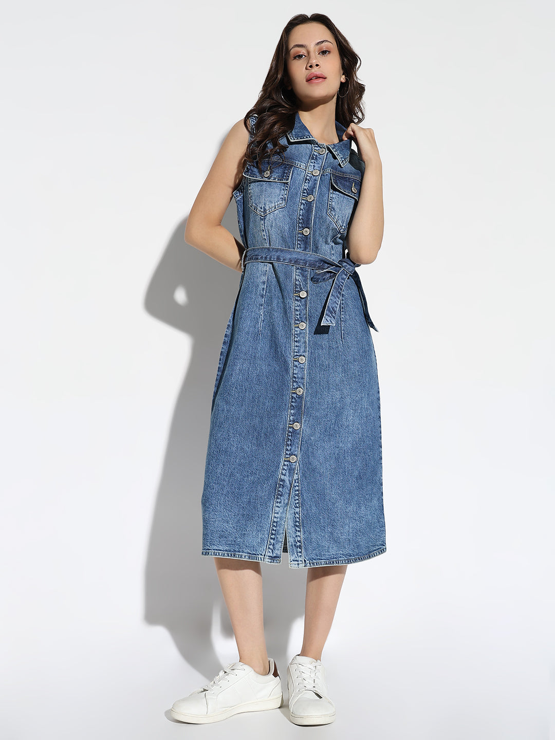 Women's Solid Blue Shirt Dress with Belt
