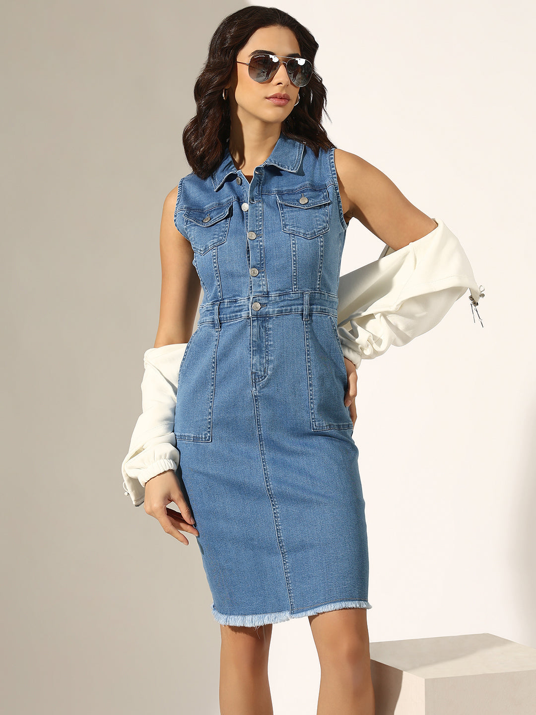Women's Blue Denim Sleeveless Button-Down Shirt Collar Dress