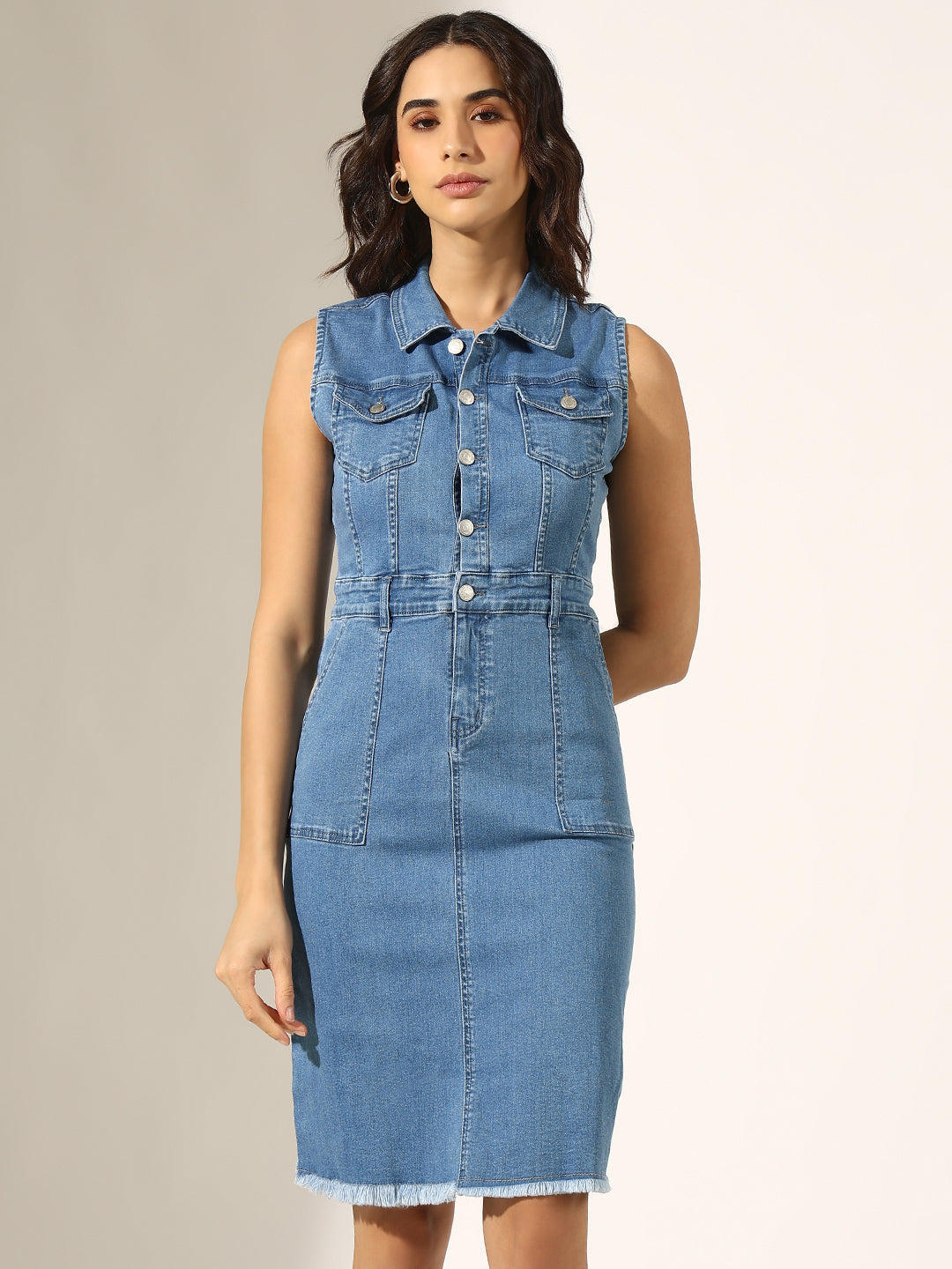 Women's Blue Denim Sleeveless Button-Down Shirt Collar Dress