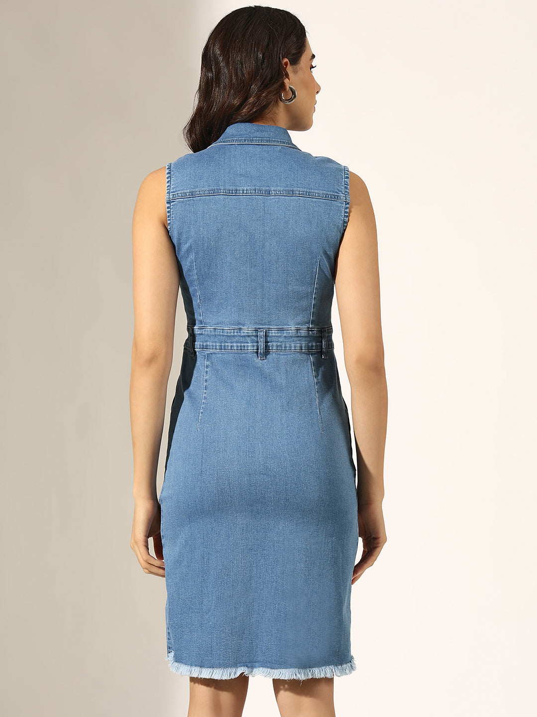 Women's Blue Denim Sleeveless Button-Down Shirt Collar Dress