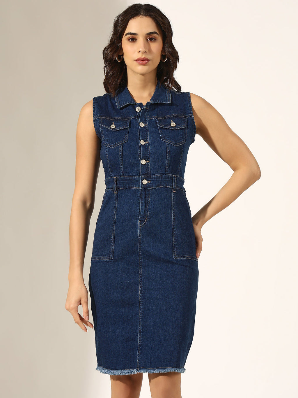 Women's Navy Blue Denim Sleeveless Button-Down Shirt Collar Dress