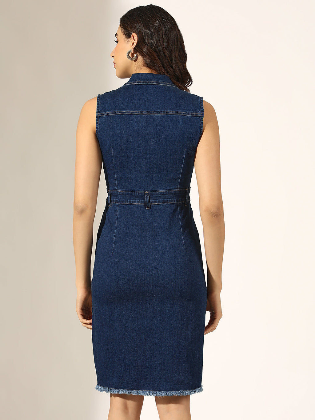 Women's Navy Blue Denim Sleeveless Button-Down Shirt Collar Dress