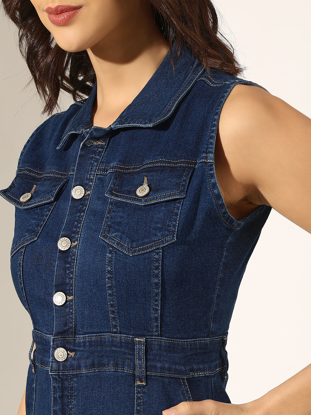 Women's Navy Blue Denim Sleeveless Button-Down Shirt Collar Dress